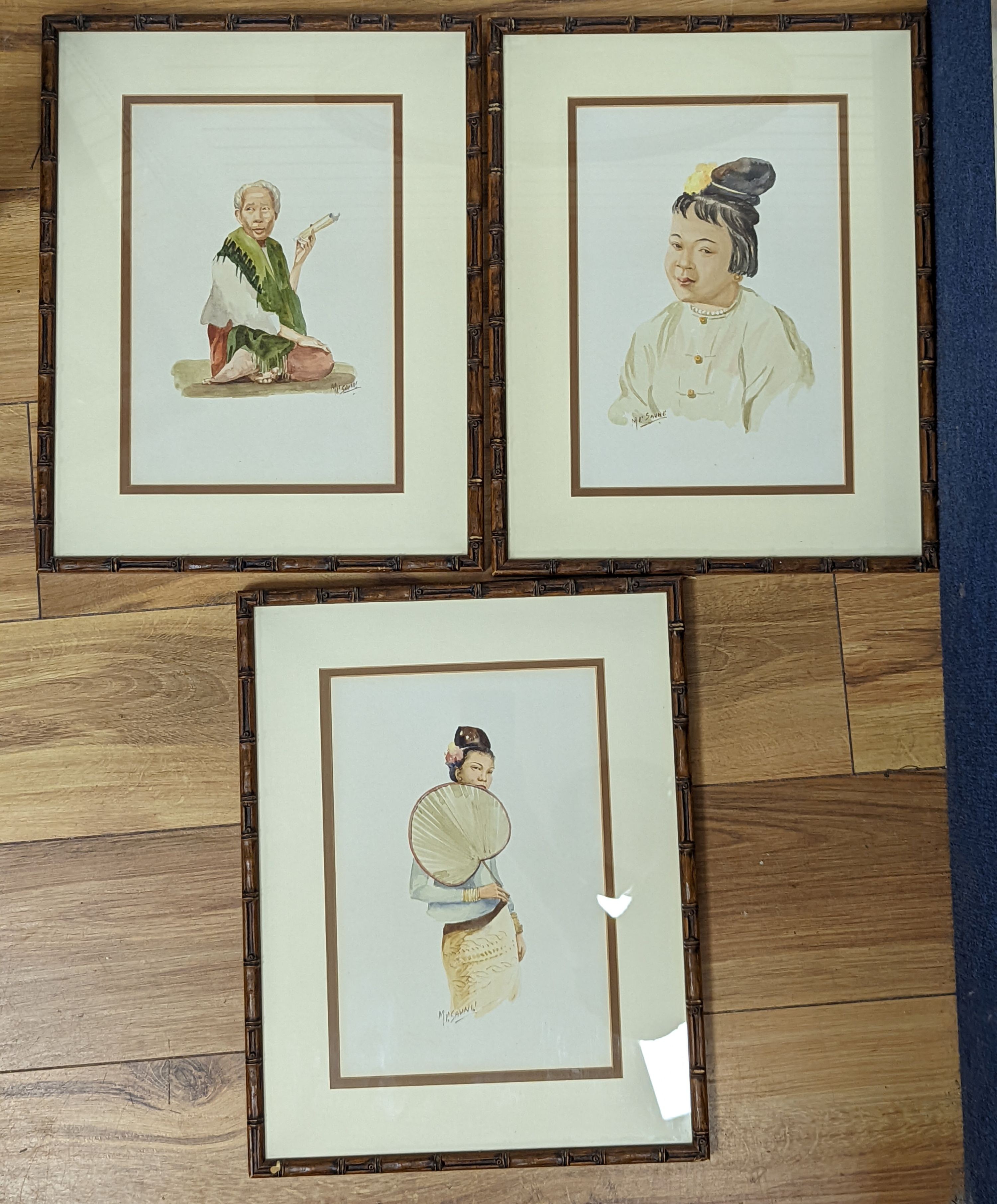 Maung Soya Saung, three watercolours, Portraits of Burmese figures, signed, 28 x 19cm